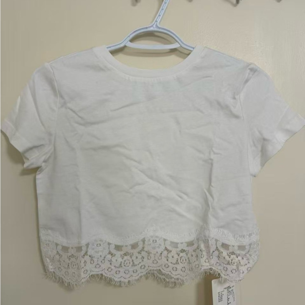 Girls White Lace-Hem Tee - Brand